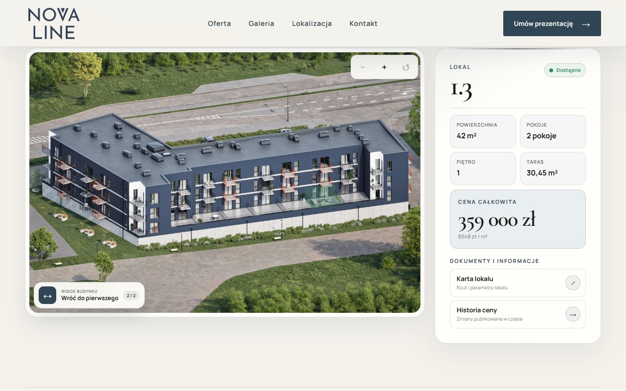NOVA LINE interactive building model with a selected apartment and parameter panel