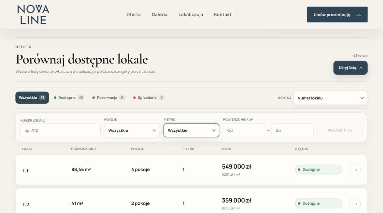NOVA LINE — lista, filtrowanie i statusy lokali