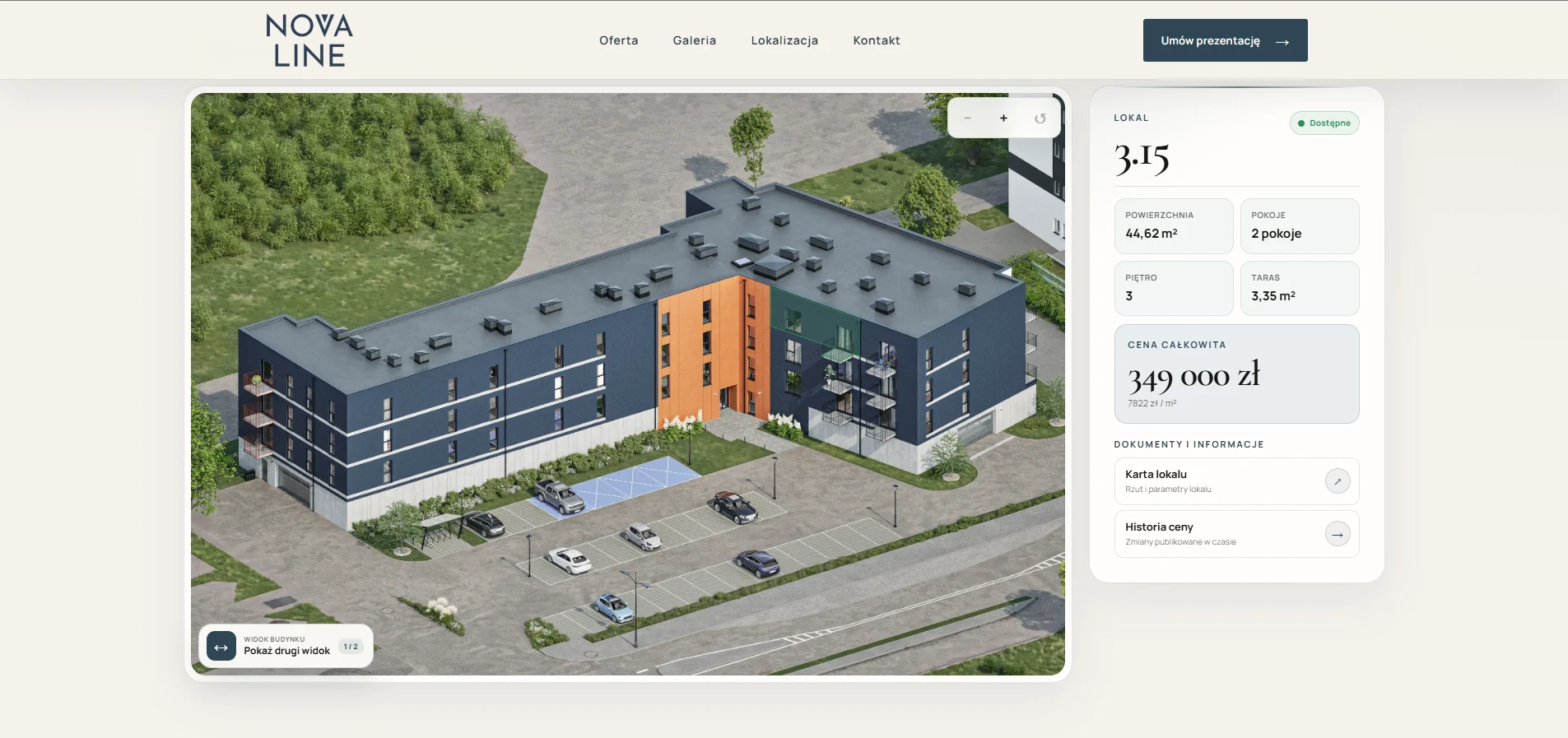 NOVA LINE — interactive building model with a selected unit and property details